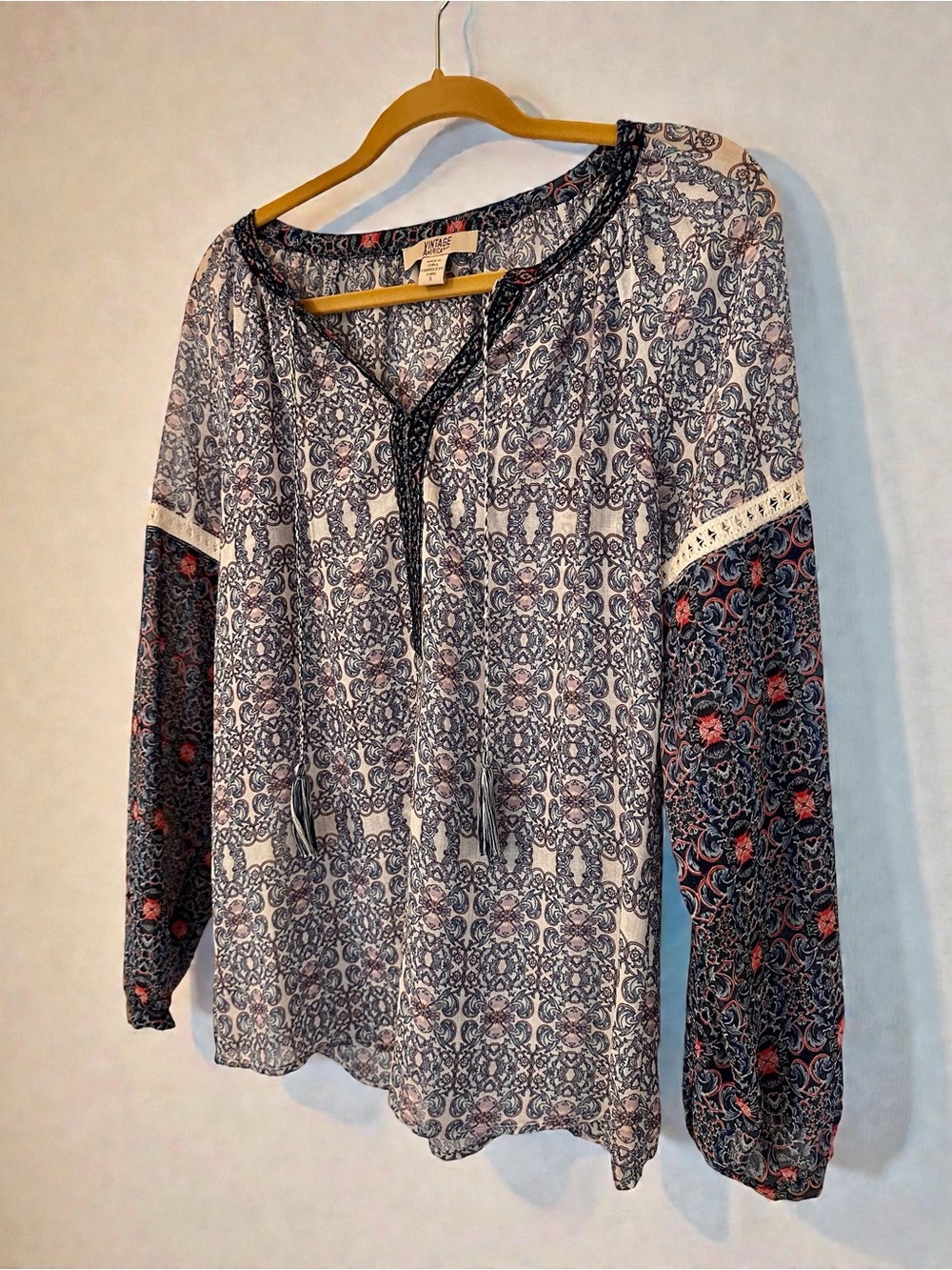 Vintage America Printed Peasant Tunic - Navy, Cream & Pink Accents